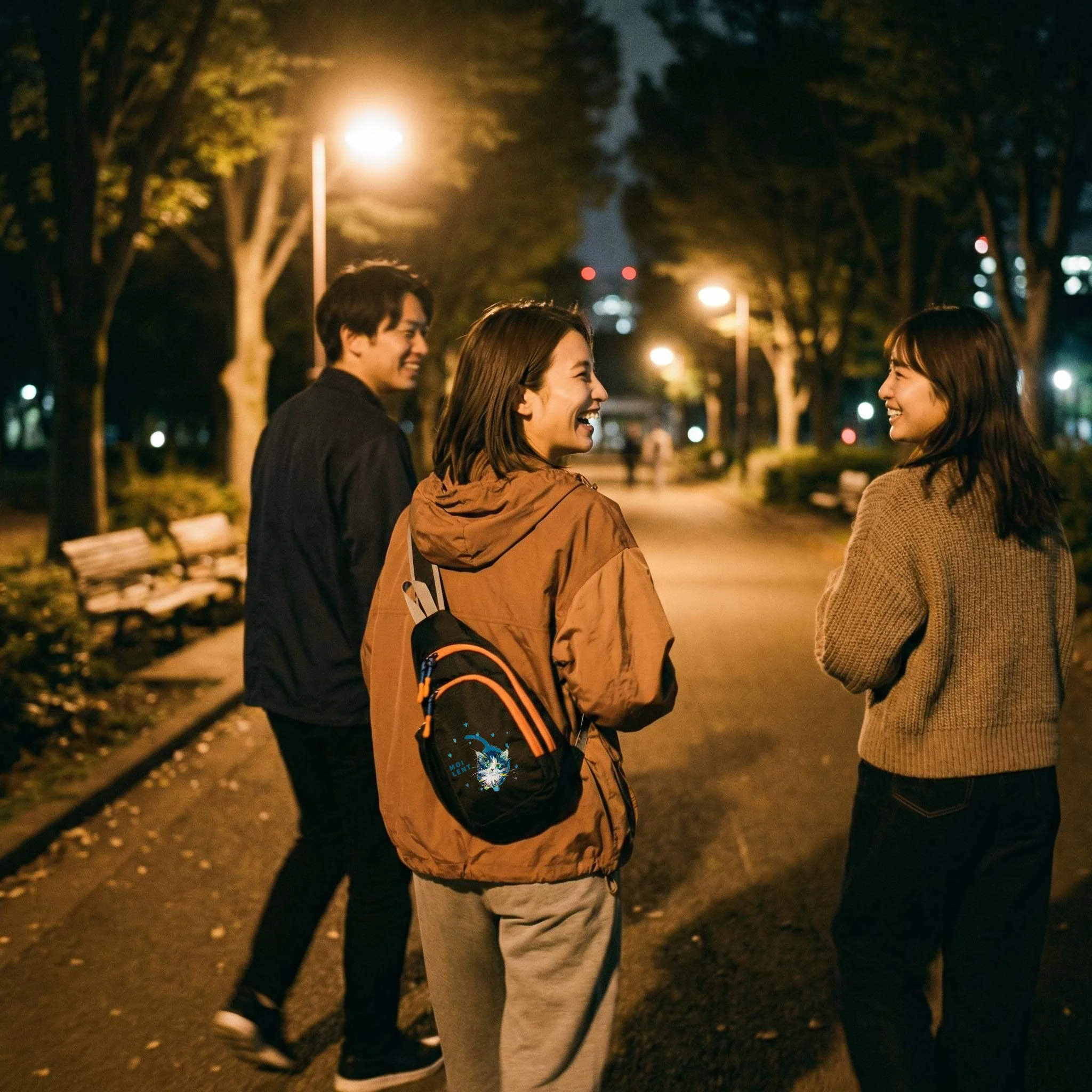 夜の公園で友人グループと会話する女性・黒いNEKONI SLINGバッグ